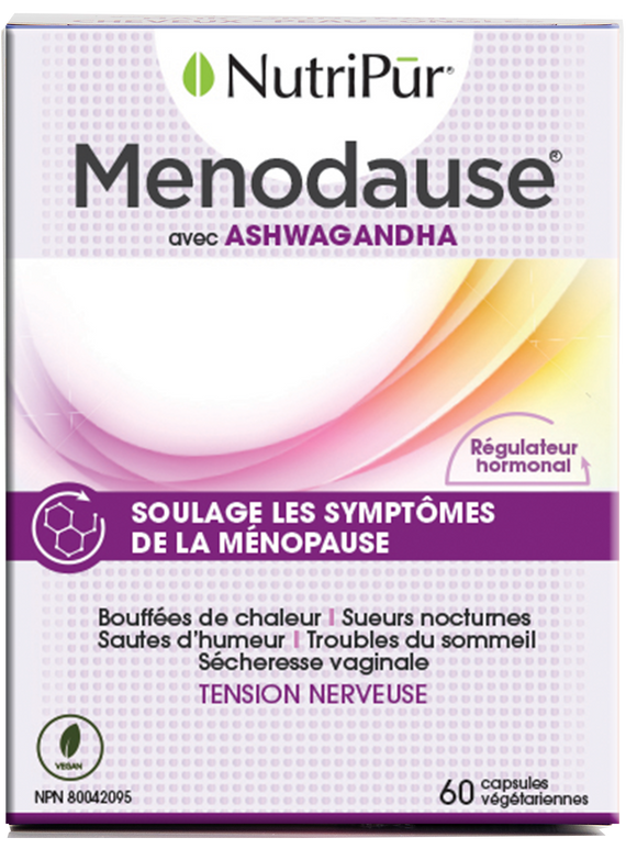 Menodause - Nutripur - avec ashawandha - soulage les symptomes de la menopause - bouffées de chaleures - sueurs nocturnes - sautes d'humeur - troubles du sommeil - sécheresse vaginale - tension nerveuse