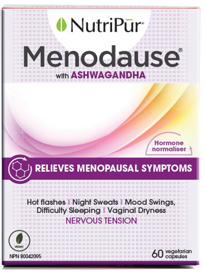 Menodause - with ashagandha - relieves menopausal symptoms - hormone stabiliser - hot flashes - night sweats - mood swings - difficulty sleeping - vaginal dryness - nervous tension