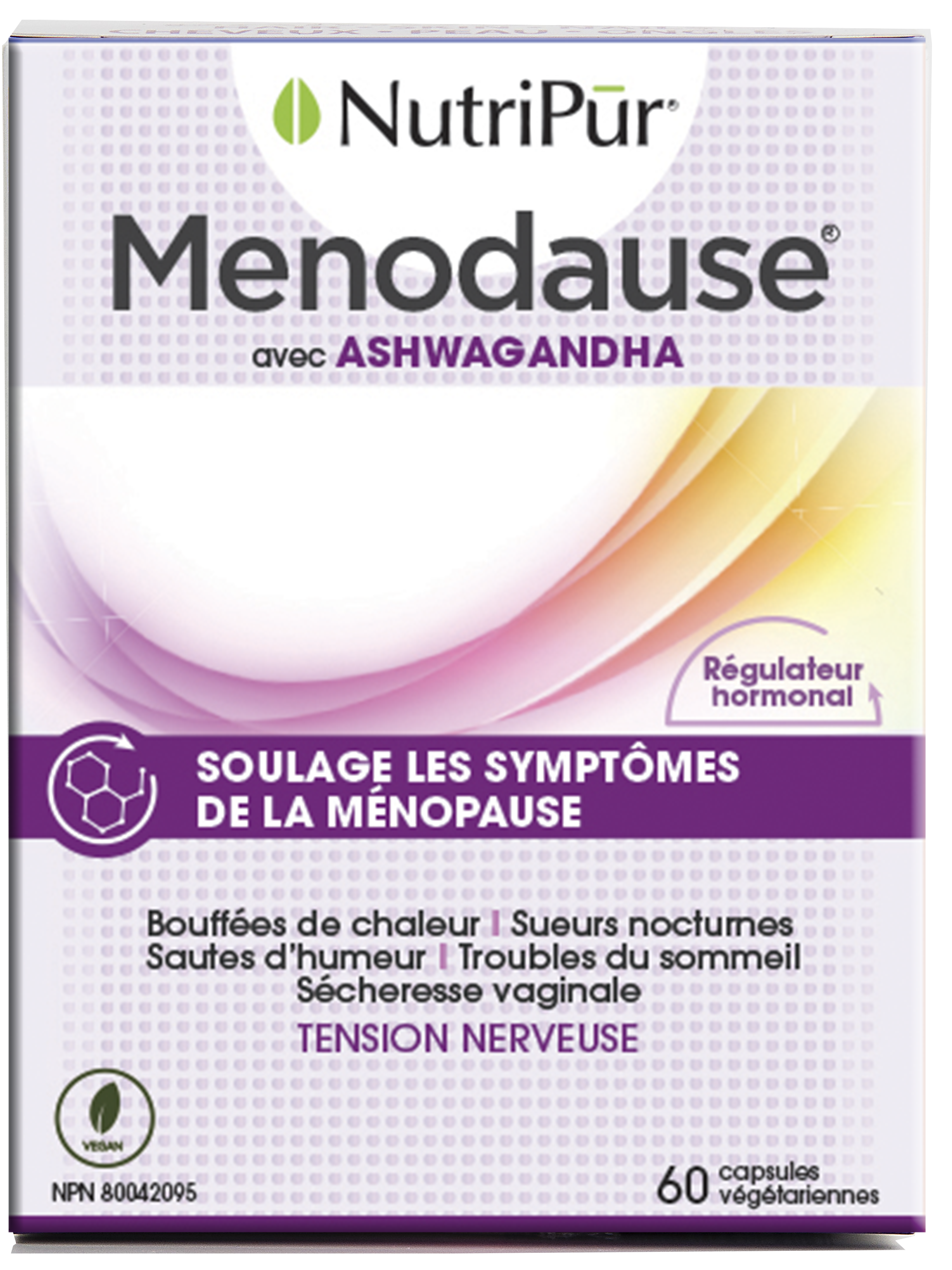 Menodause - Nutripur - avec ashawandha - soulage les symptomes de la menopause - bouffées de chaleures - sueurs nocturnes - sautes d'humeur - troubles du sommeil - sécheresse vaginale - tension nerveuse 
